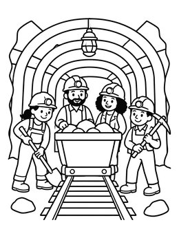 Free printable Friendly Miners In Mine Tunnel coloring page