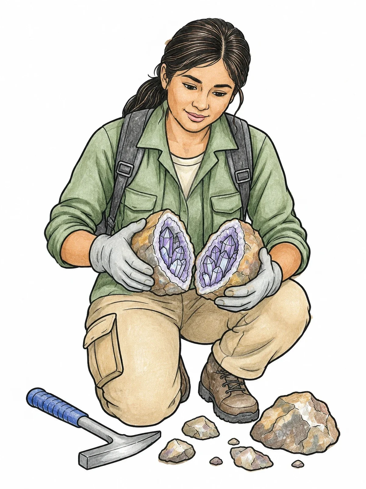 Colored example of the Geologist Opening A Crystal Geode coloring page