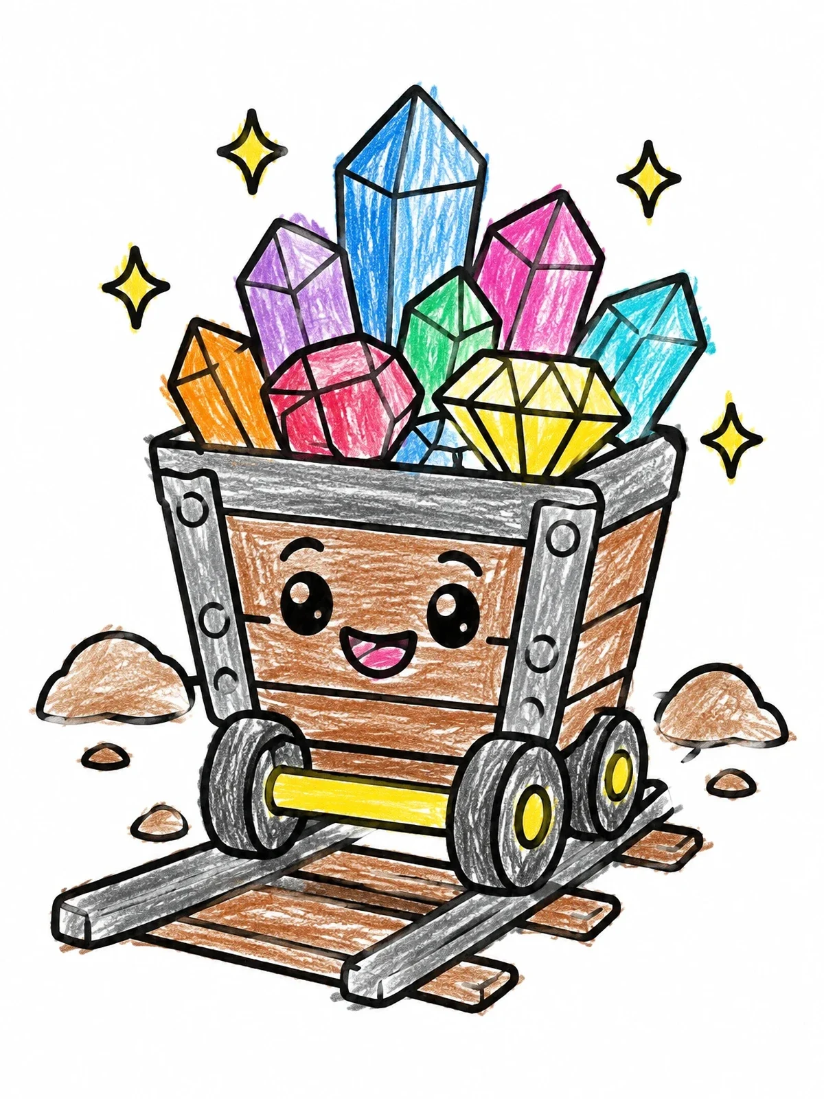 Colored example of the Happy Mine Cart Filled With Crystals coloring page