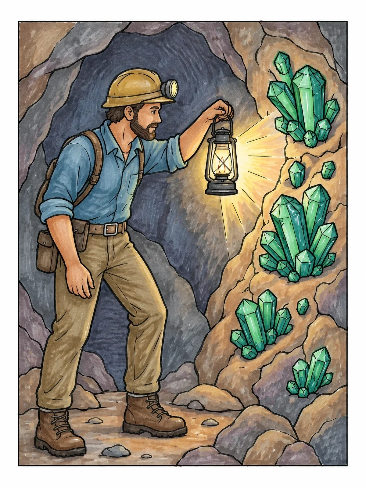 Colored example of the Miner Finding Crystals In A Cave coloring page