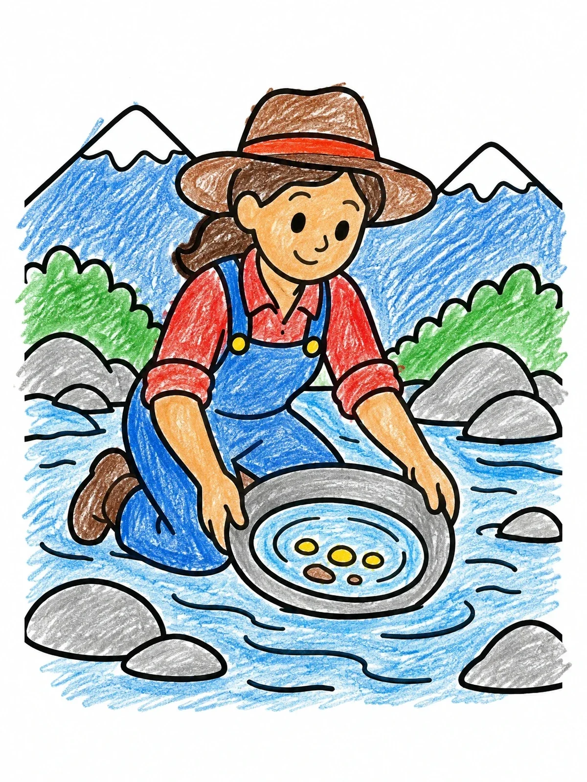 Colored example of the Prospector Panning In Mountain Stream coloring page