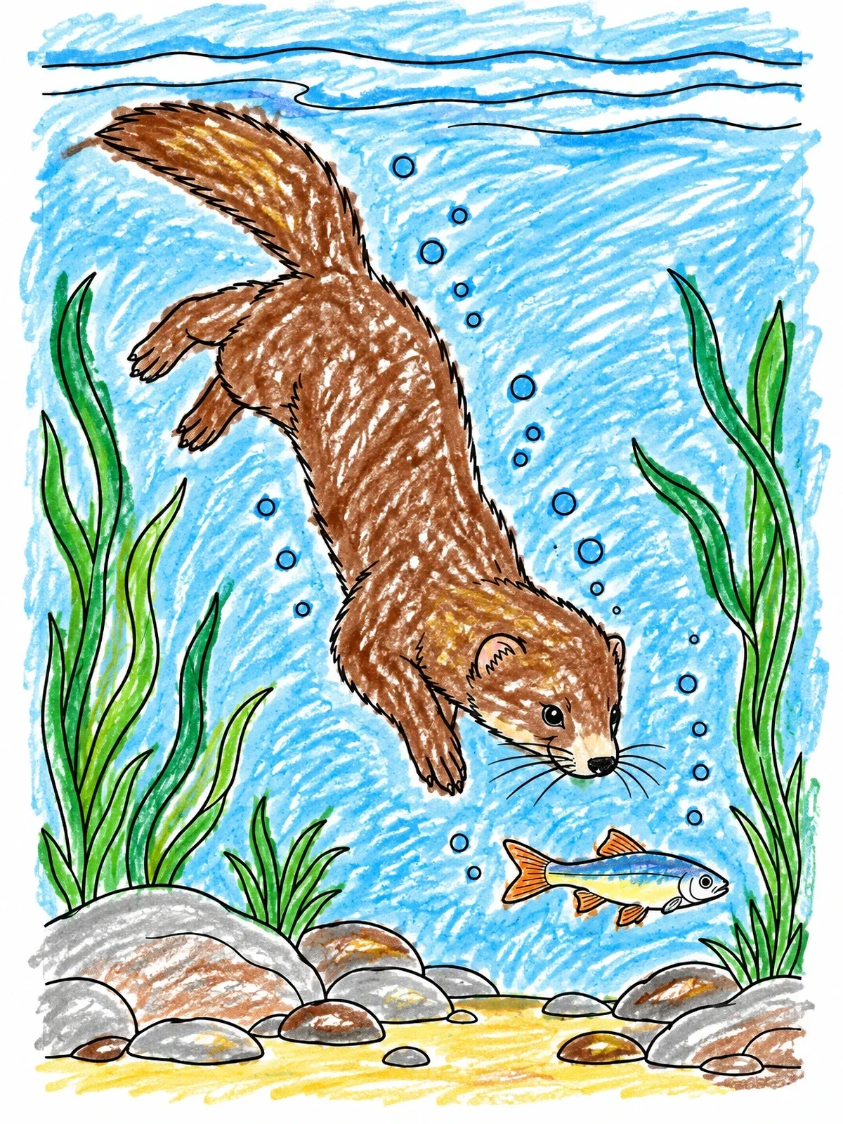 Colored example of the Mink Swimming Underwater After Fish coloring page