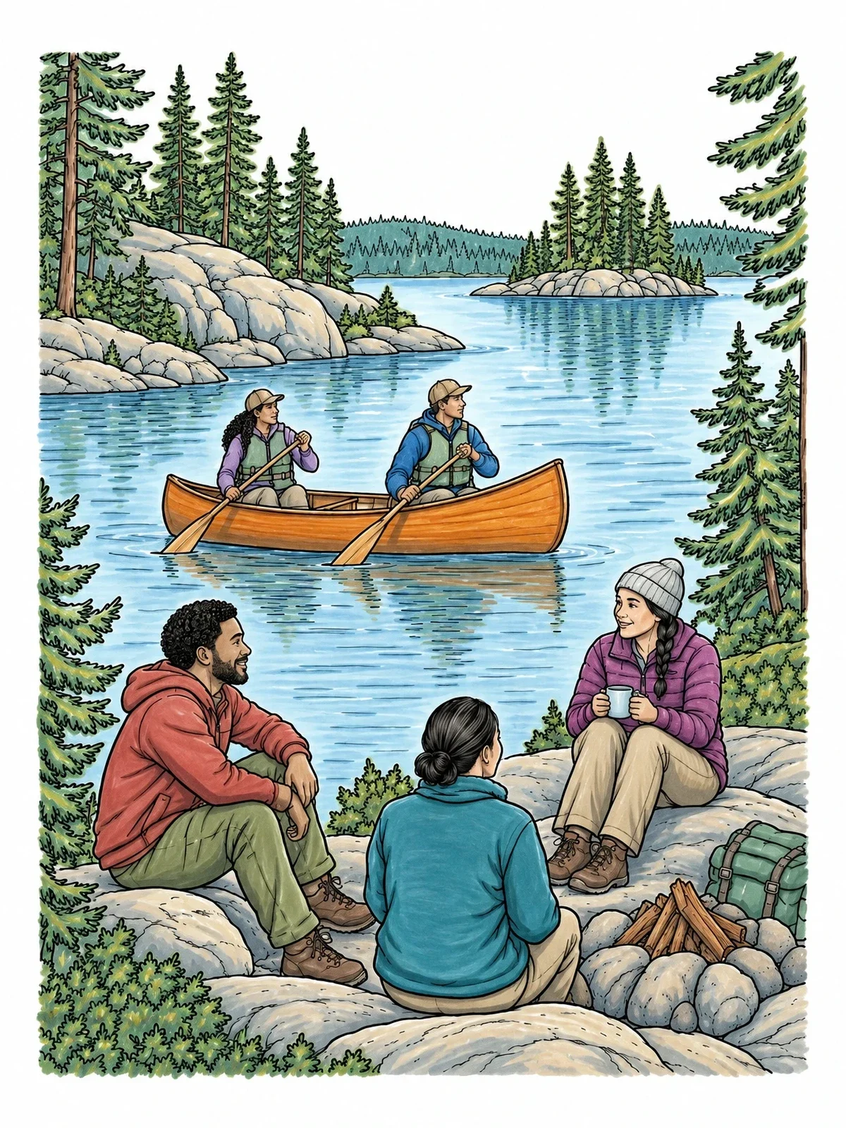 Colored example of the Boundary Waters Lake Canoe Camp coloring page