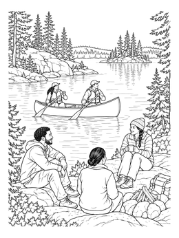 Campers rest by a lake while a canoe paddles by in this Minnesota coloring page.