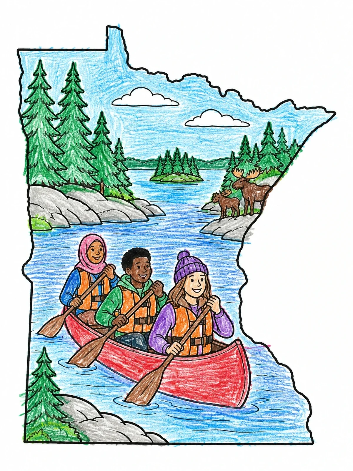 Colored example of the Canoeing In The Minnesota Wilderness coloring page