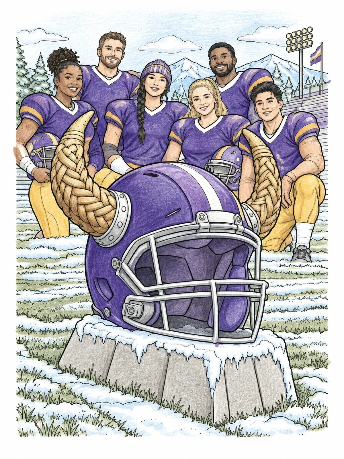 Colored example of the Horned Football Helmet And Team coloring page