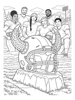 A horned football helmet on a frosty field in this Minnesota coloring page with a team gathered behind it.