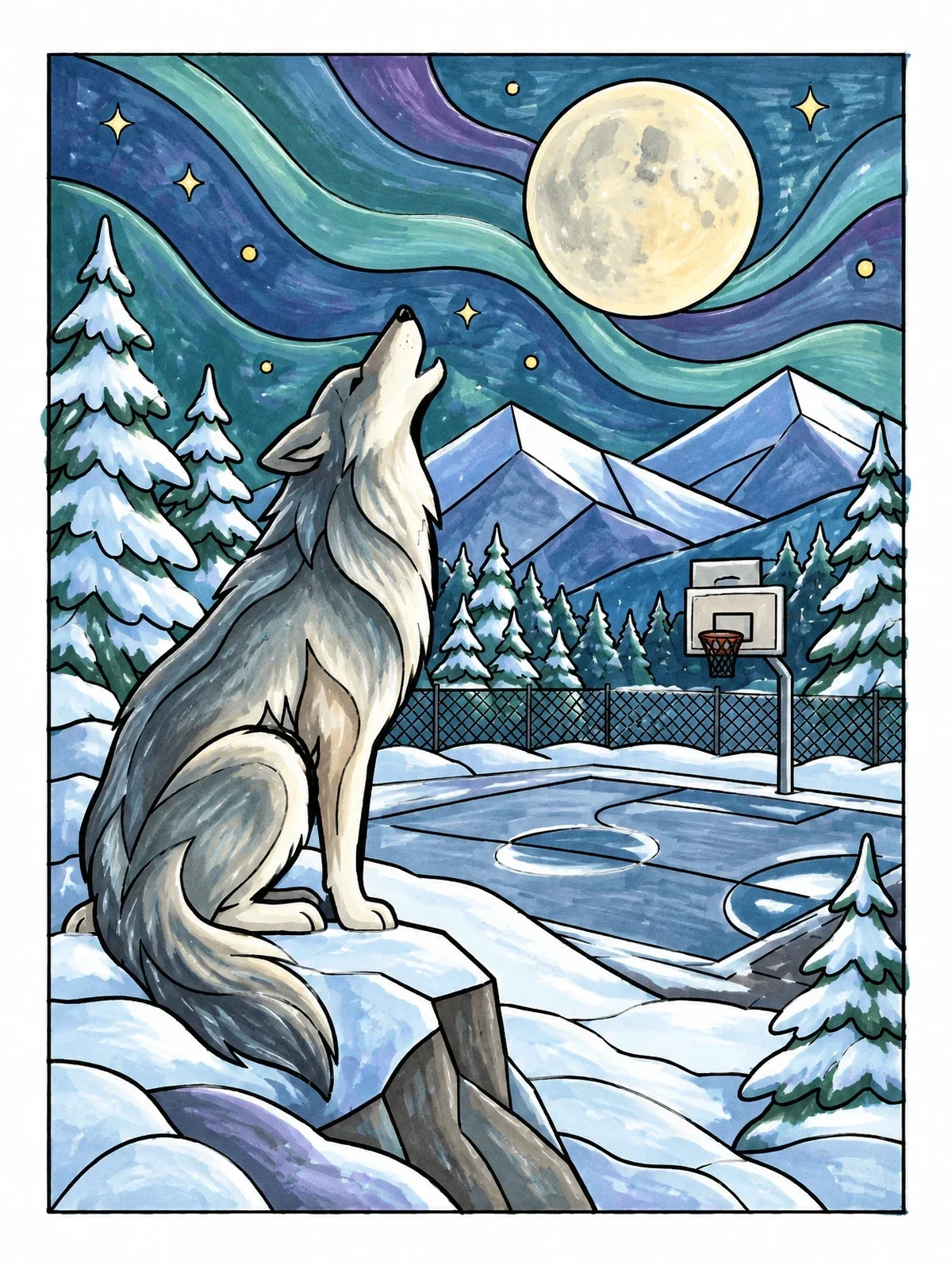 Colored example of the Howling Wolf By Basketball Court coloring page