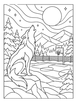 A howling wolf on this minnesota coloring page with a snowy outdoor basketball court.