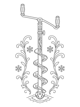 Detailed manual ice drill on a minnesota coloring page with snowflakes and flourishes.