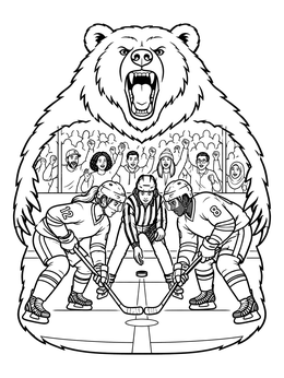 A roaring bear frames an intense hockey face-off in this minnesota coloring page.