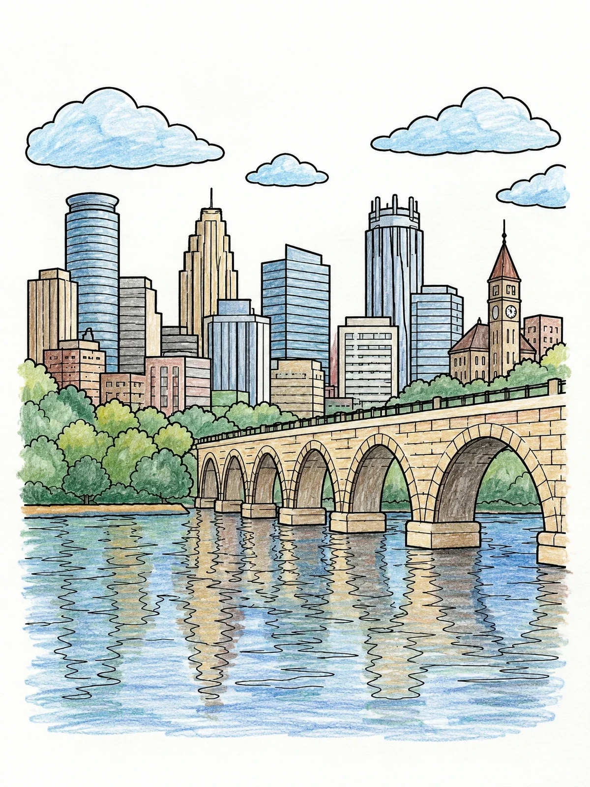 Colored example of the Minneapolis Skyline And Stone Arch Bridge coloring page