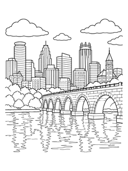 Free printable Minneapolis Skyline And Stone Arch Bridge coloring page