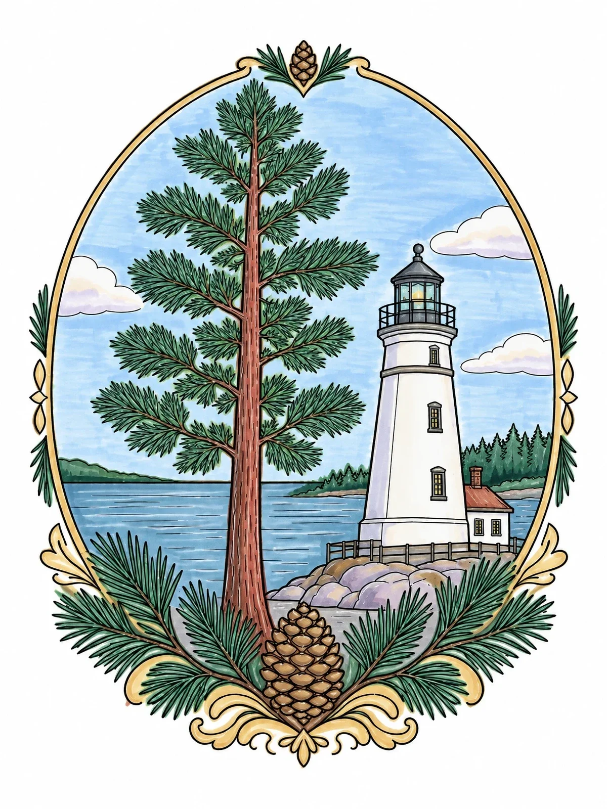 Colored example of the Minnesota Red Pine And Lake Lighthouse coloring page