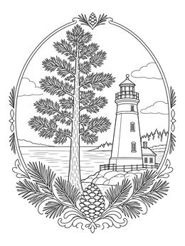 A historic lakeside lighthouse and red pine featured in a detailed minnesota coloring page.