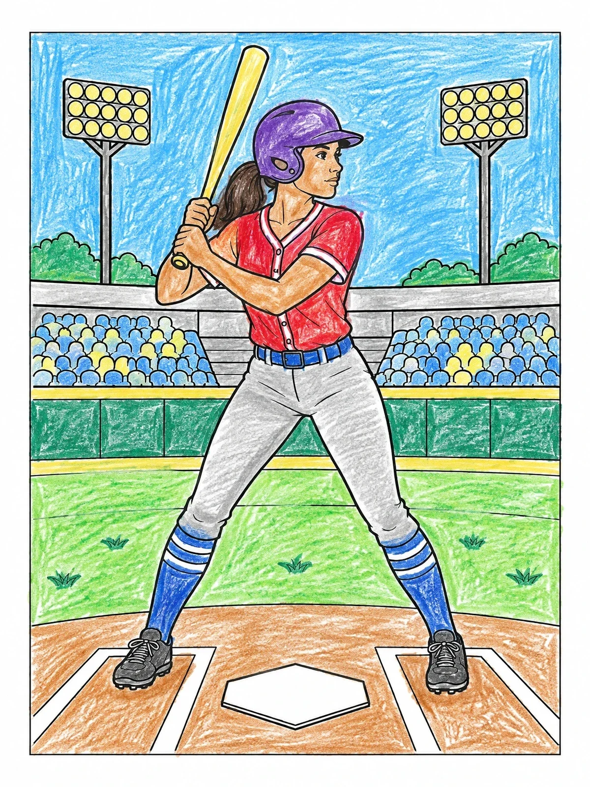 Colored example of the Softball Batter At Home Plate coloring page