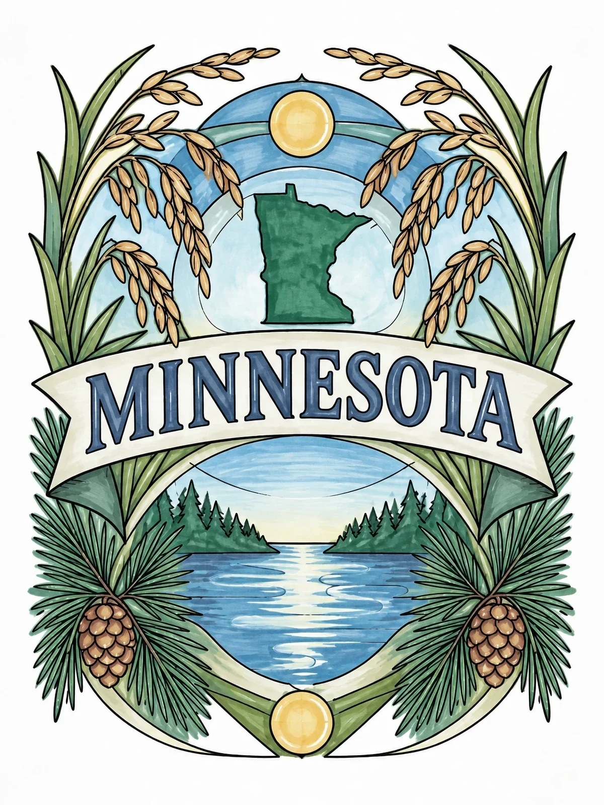 Colored example of the Minnesota State Banner And Nature Emblem coloring page