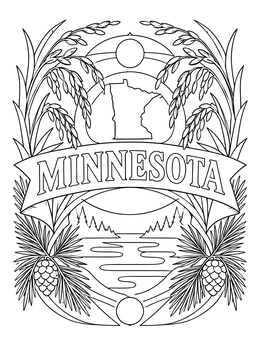 An intricate minnesota coloring page with state map, nature banner, pinecones, and wild rice.
