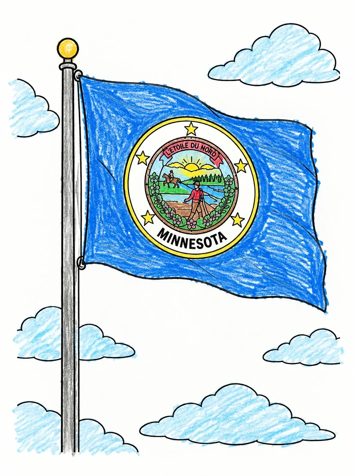 Colored example of the Minnesota State Flag Waving Outdoors coloring page