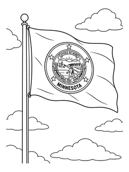 Detailed Minnesota coloring page showing the state flag waving on a tall pole among clouds.