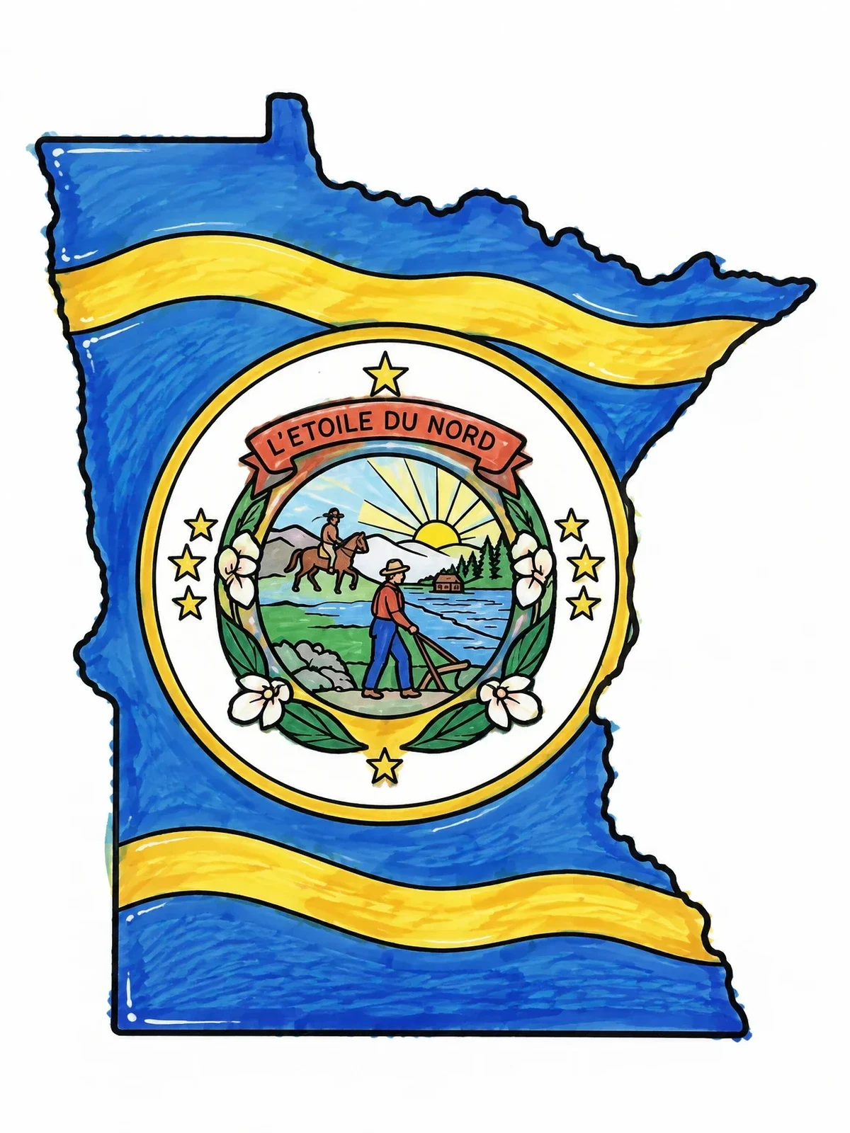 Colored example of the Minnesota State Map And Seal coloring page
