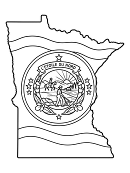 A detailed minnesota coloring page showing the state outline filled with its historical seal and banner.