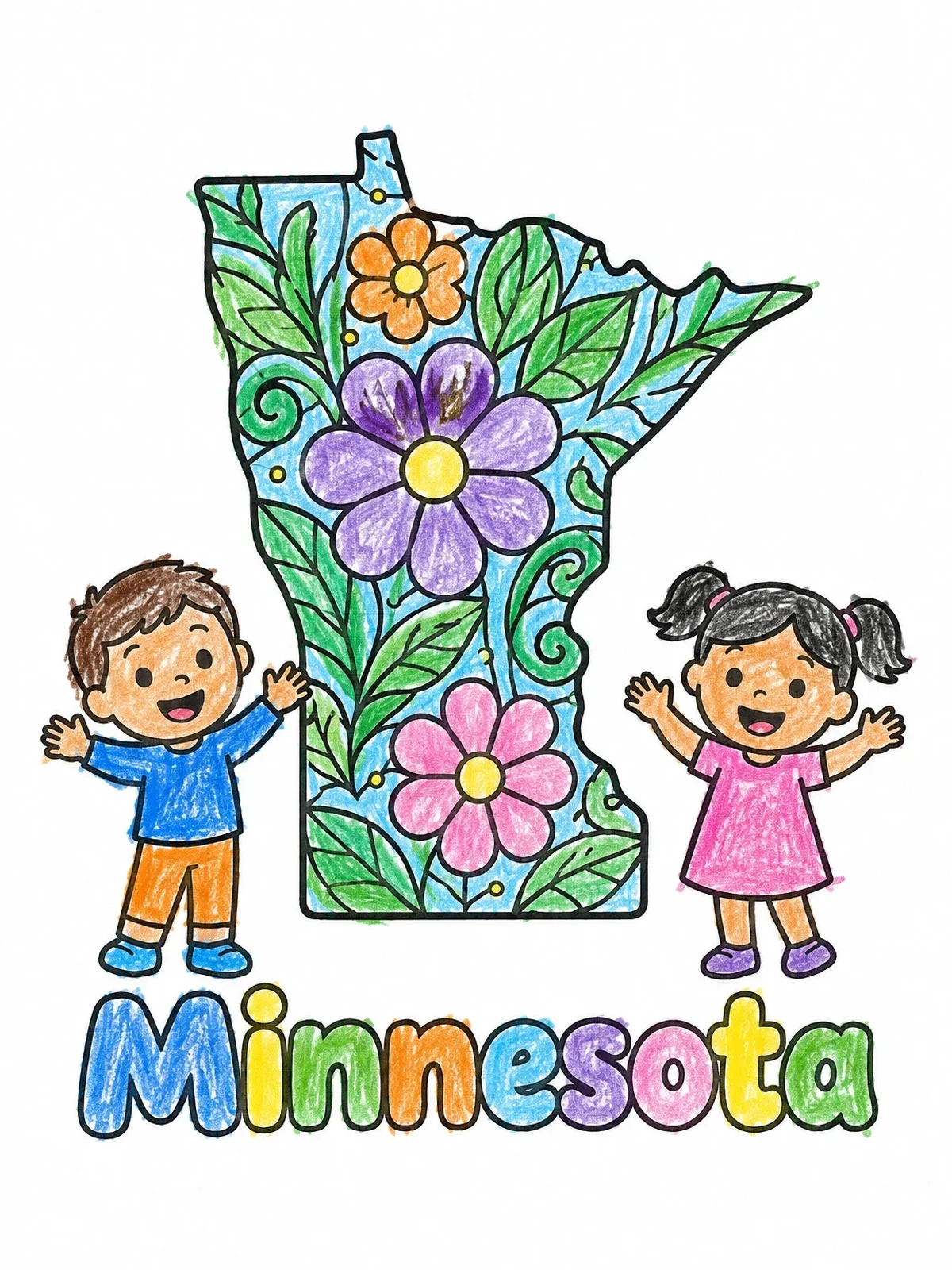 Colored example of the Minnesota State Map With Kids And Flowers coloring page