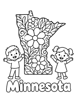 Free printable Minnesota State Map With Kids And Flowers coloring page