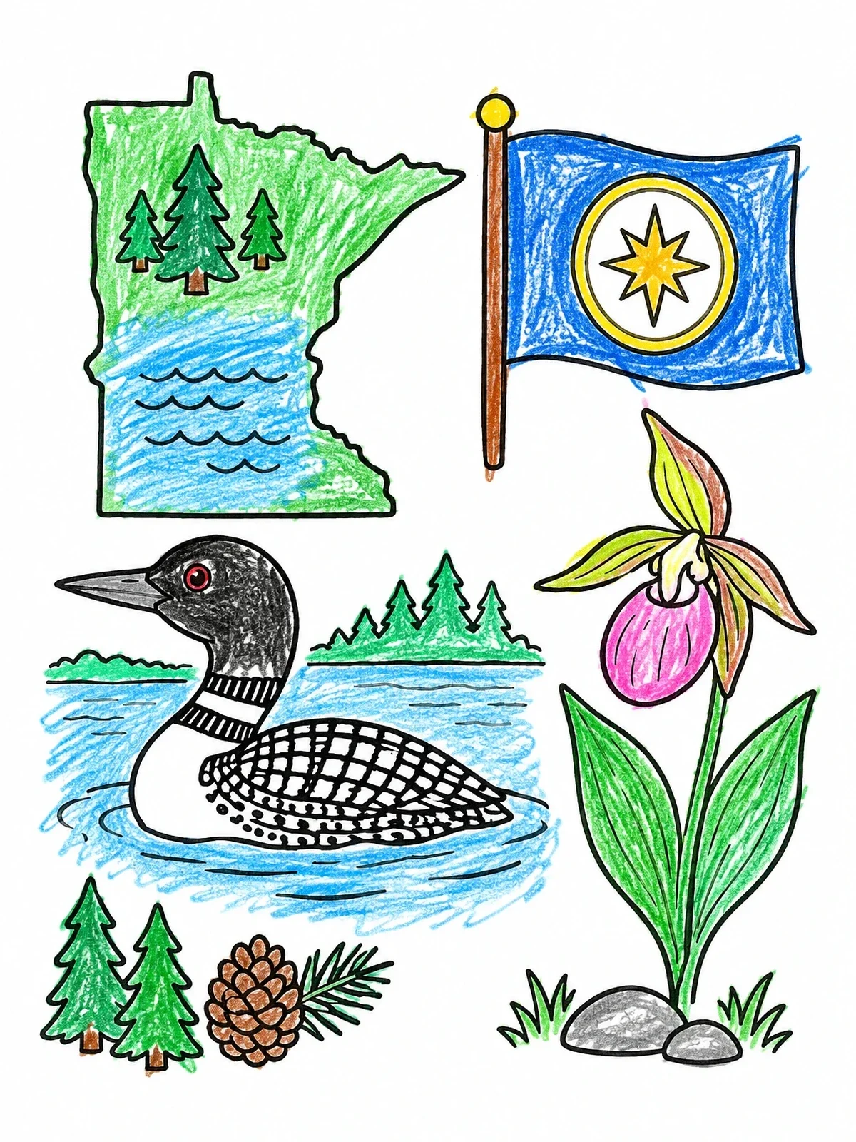 Colored example of the Minnesota State Symbols Collage coloring page