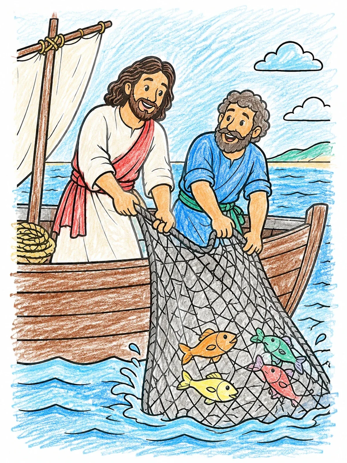 Colored example of the Miraculous Catch Of Fish With Jesus coloring page