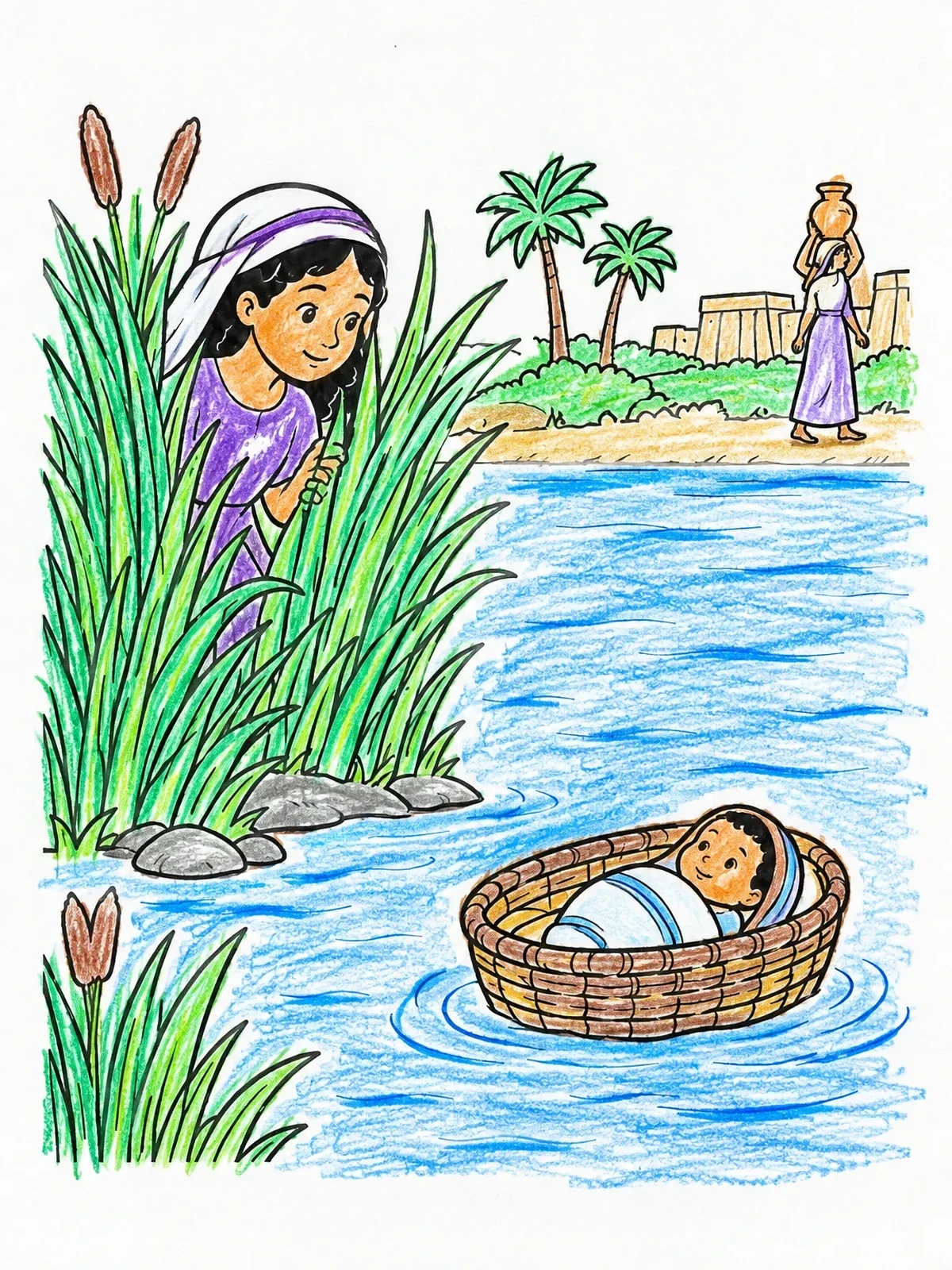 Colored example of the Miriam Watching Over Baby Moses coloring page