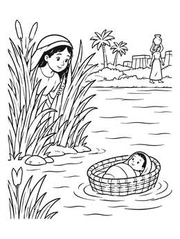 Miriam watches baby Moses floating in a basket in this moses coloring page.