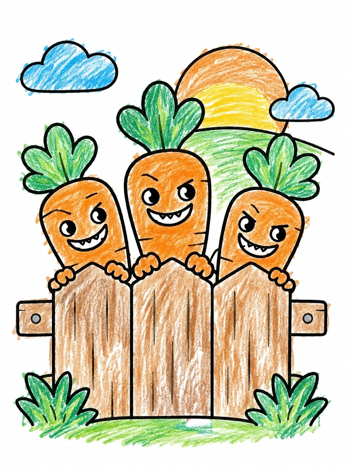 Colored example of the Mischievous Carrots Behind Garden Fence coloring page