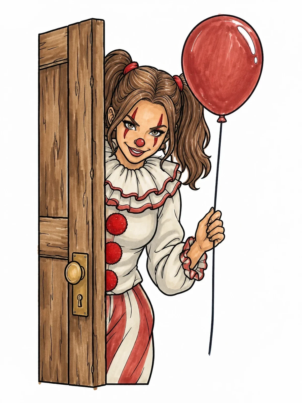 Colored example of the Mischievous Clown Peeking Behind Door coloring page