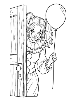 A playful clown coloring page showing a female clown behind a door holding a balloon.