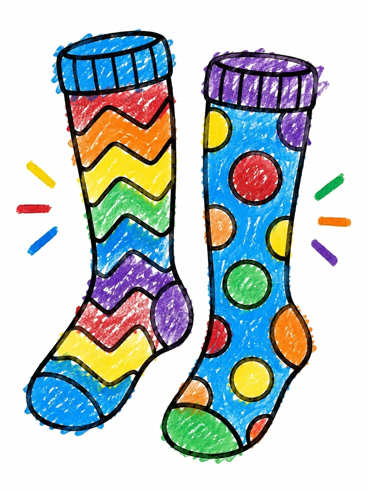 Colored example of the Mismatched Patterned Socks coloring page