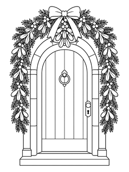 An arched front door with holiday garland on this mistletoe coloring page.