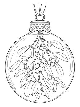 A clear glass bauble on this mistletoe coloring page holds sprigs of leafy twigs and round berries.
