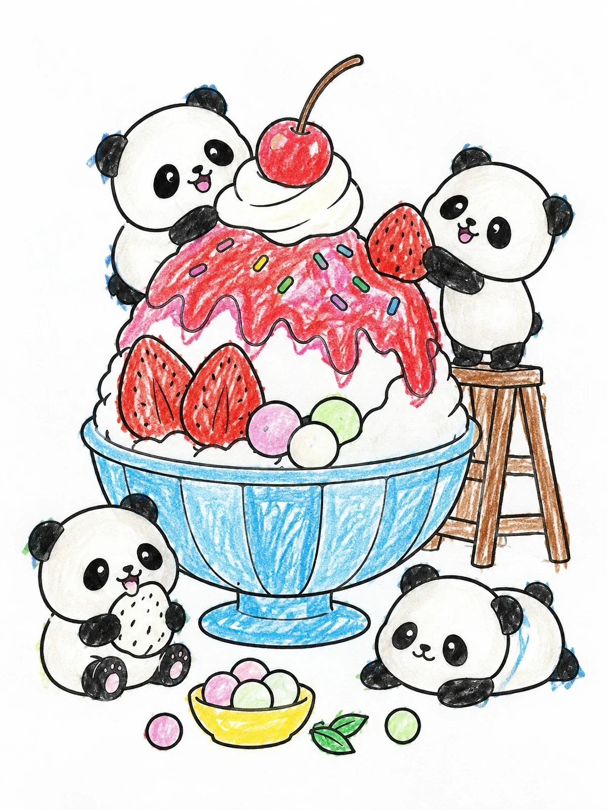 Colored example of the Cute Pandas With Shaved Ice Dessert coloring page