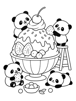 Four cute panda bears decorate a sweet shaved ice sundae in this mochi coloring page.