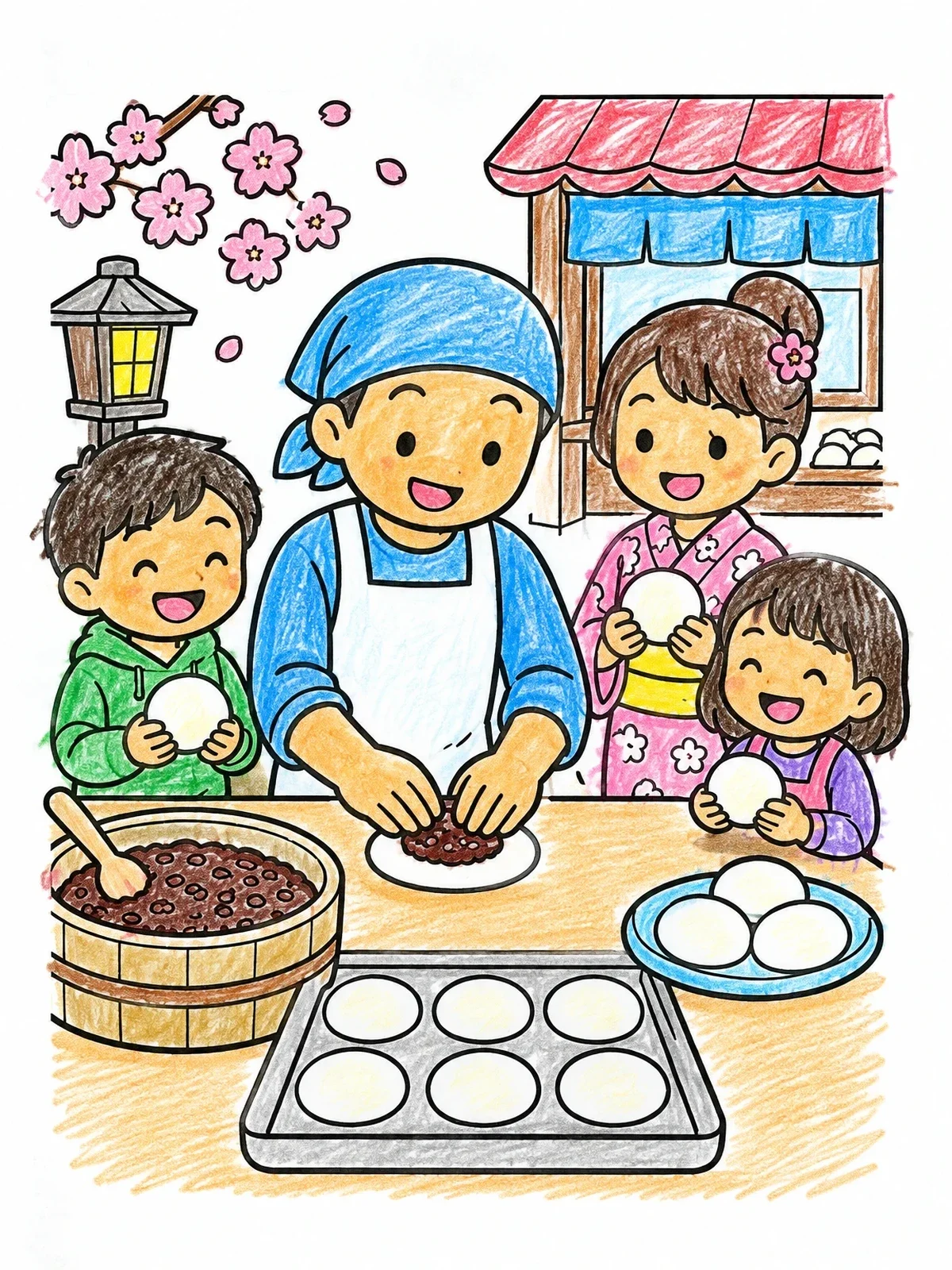 Colored example of the Family Making Sweet Rice Cakes coloring page