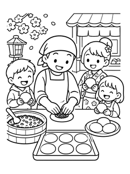 A baker and happy children make treats in this mochi coloring page.