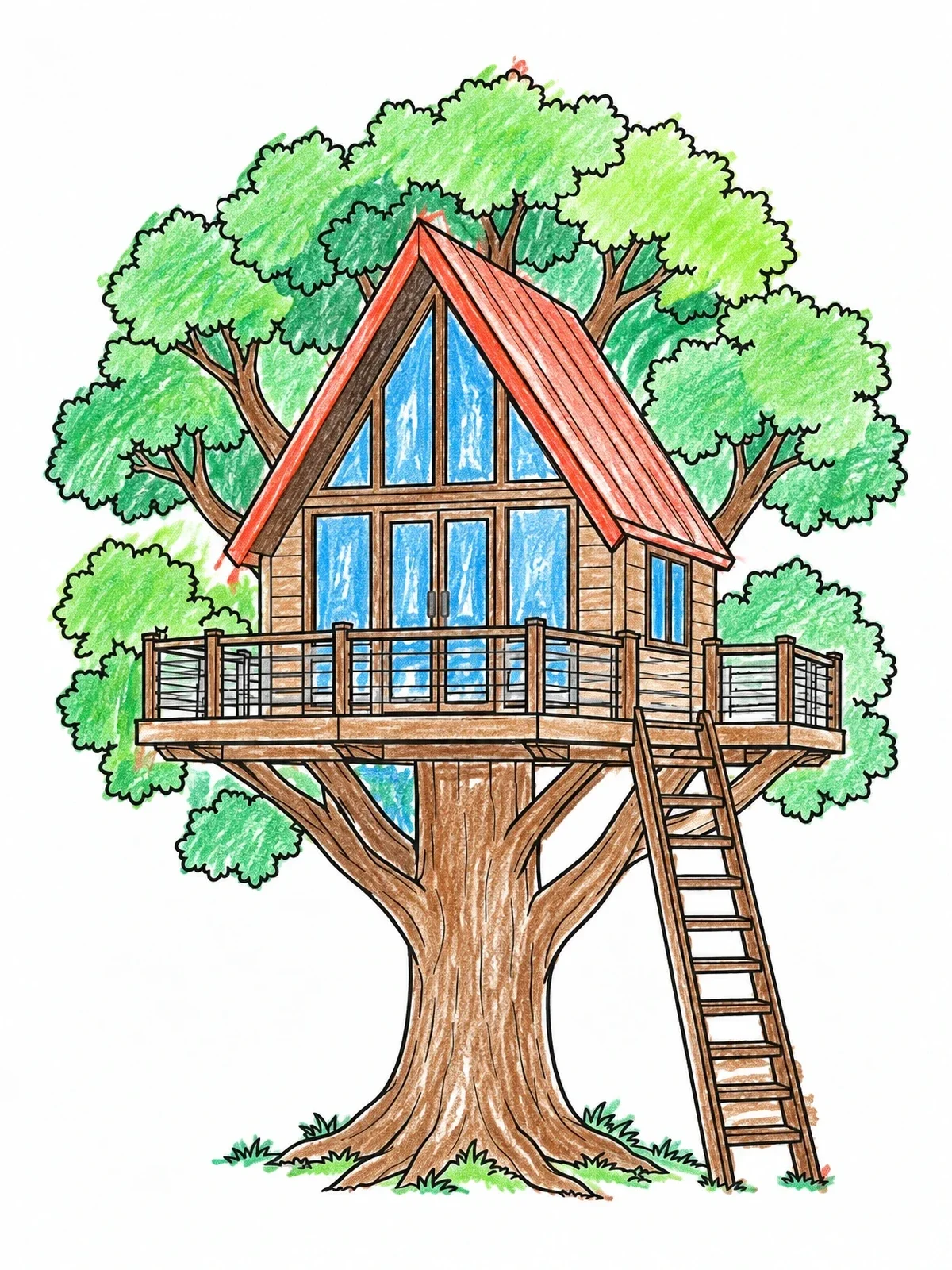 Colored example of the Modern A Frame Treehouse coloring page