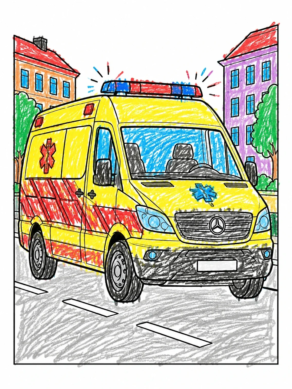 Colored example of the Modern Ambulance On City Street coloring page