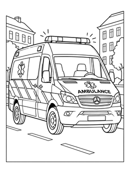 An emergency van in the city featured on this ambulance coloring page.