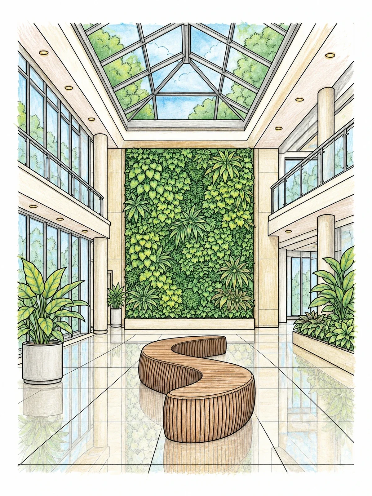 Colored example of the Modern Atrium With Living Wall coloring page