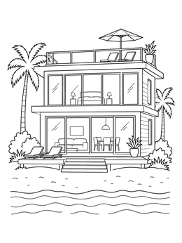 Modern beach house coloring page with large glass windows, rooftop terrace, and ocean waves.