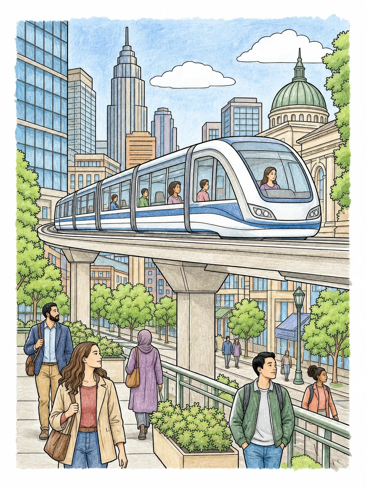 Colored example of the Modern City Monorail And Pedestrians coloring page