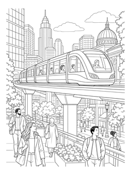 Pedestrians stroll below an elevated transit train in this city coloring page.