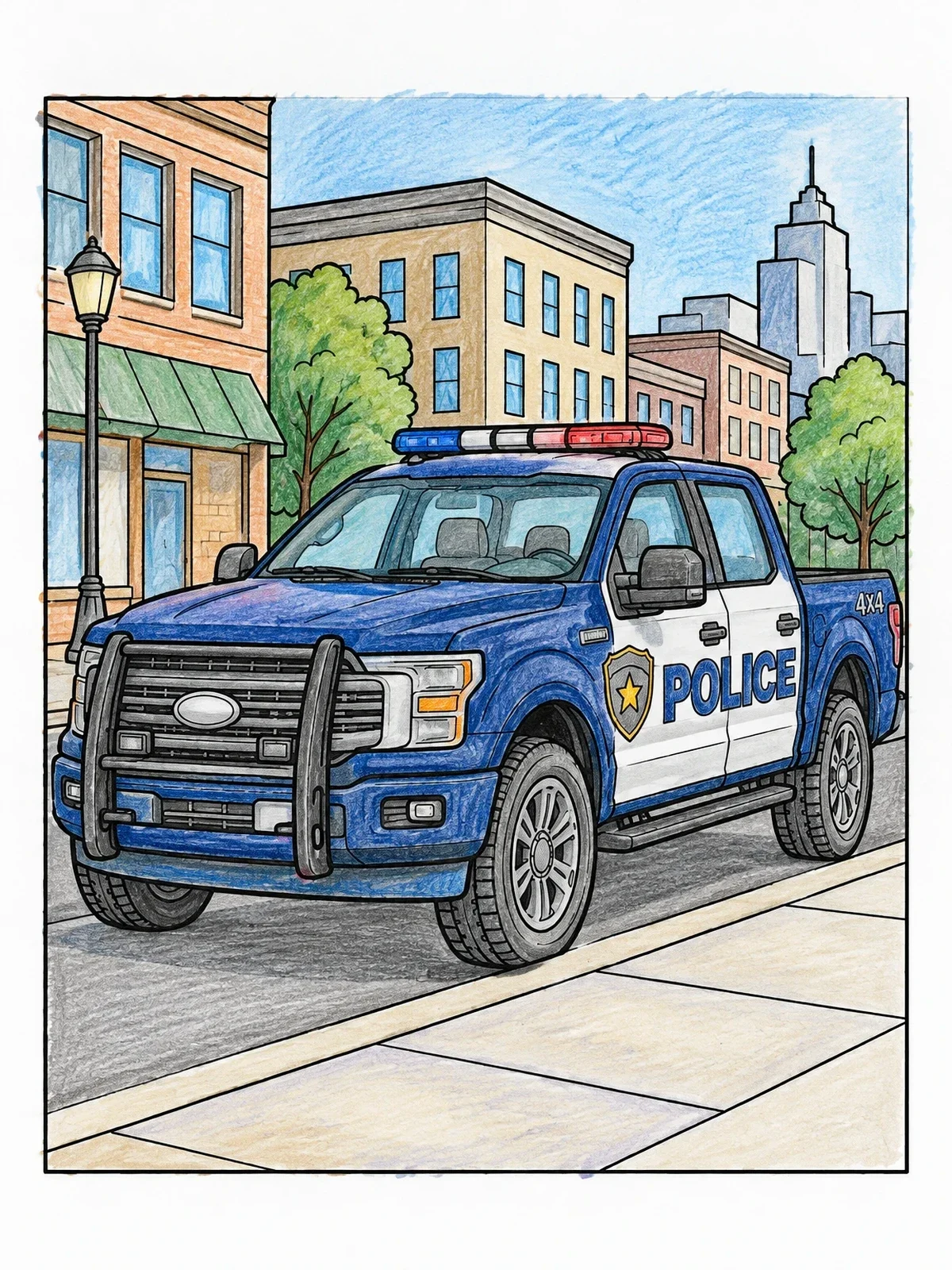 Colored example of the Modern City Police Pickup Truck coloring page